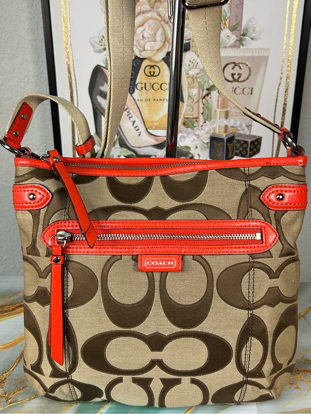 COACH 2013 Daisy Signature File Crossbody Bag in Khaki & Coral 😍🧡 - Picture 8 of 17